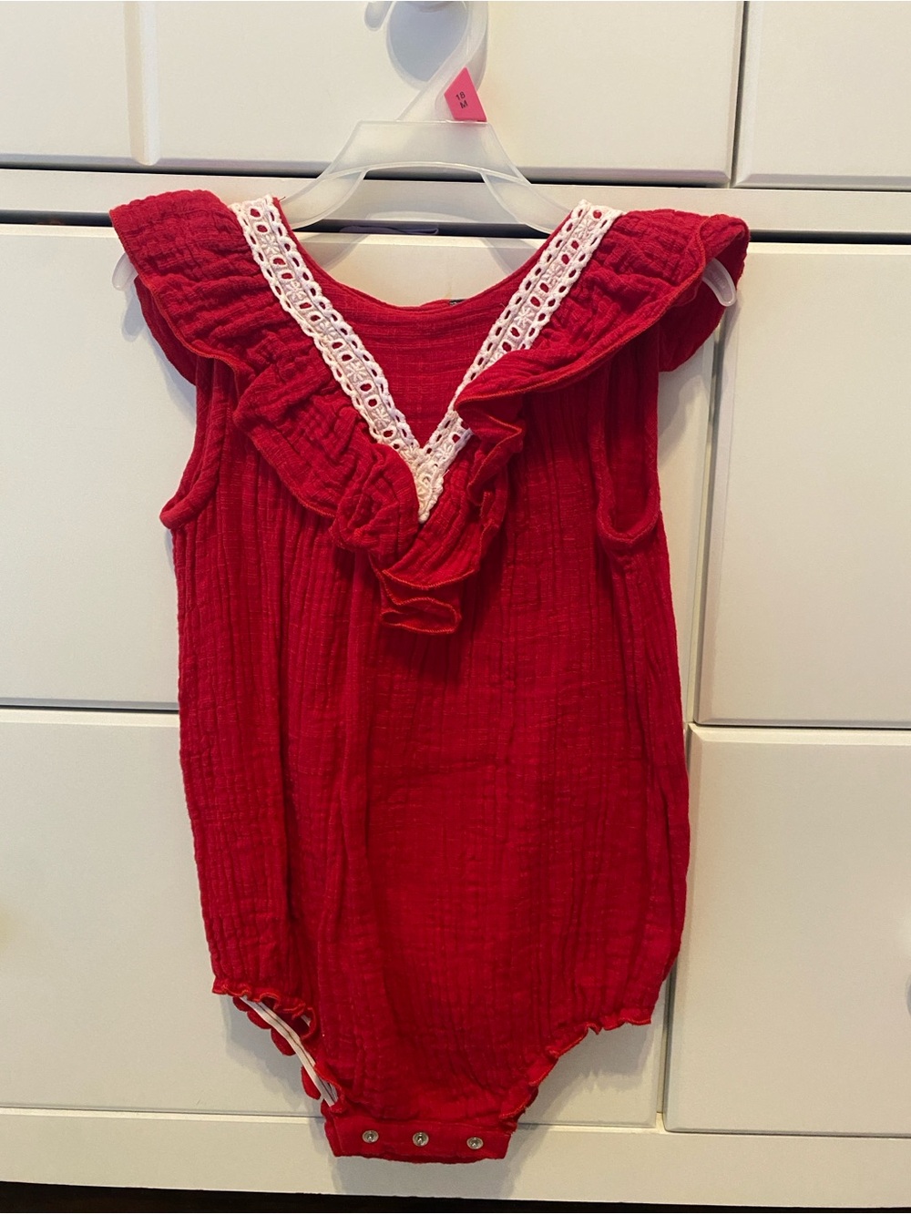 Emma Jean Red Ruffle Crochet-Trim Romper / Size 24m / NWOT
